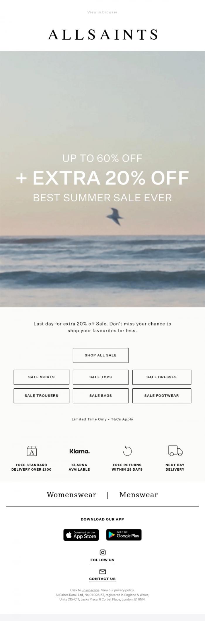 Email Design Inspiration from AllSaints, Final Hours: Extra 20% Off Sale