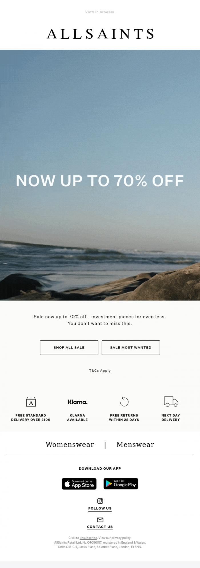 Email Design Inspiration from AllSaints, Sale Update: Now Up To 70% Off