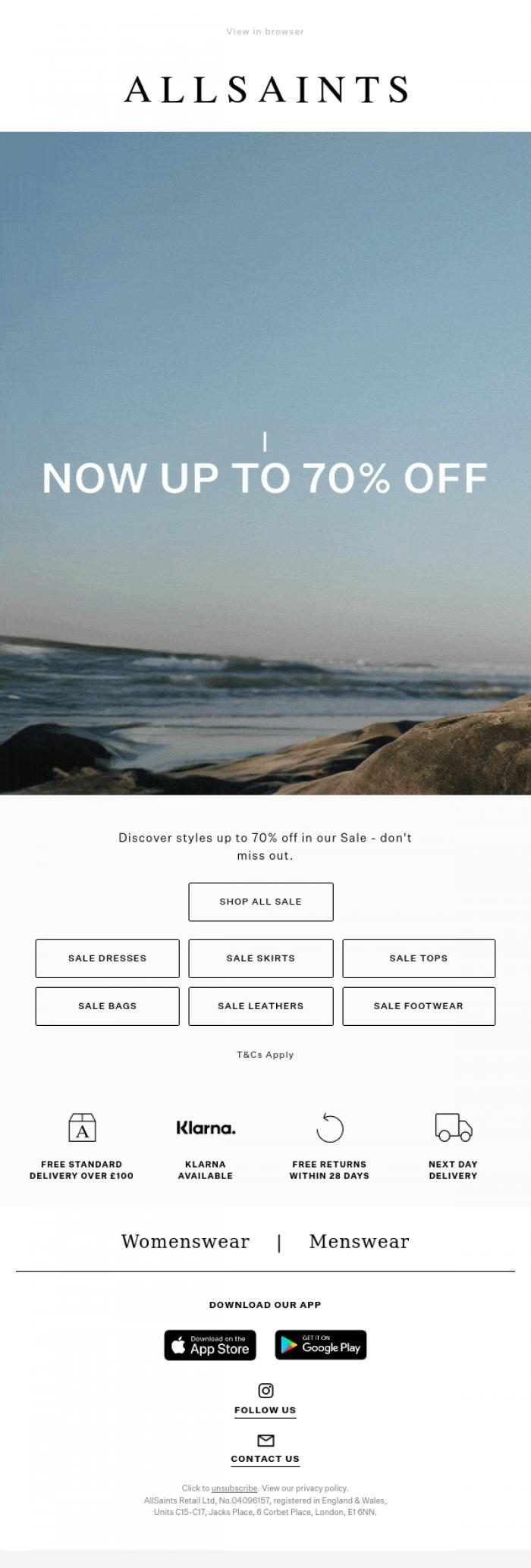 Email Design Inspiration from AllSaints, Sale Up To 70% Off