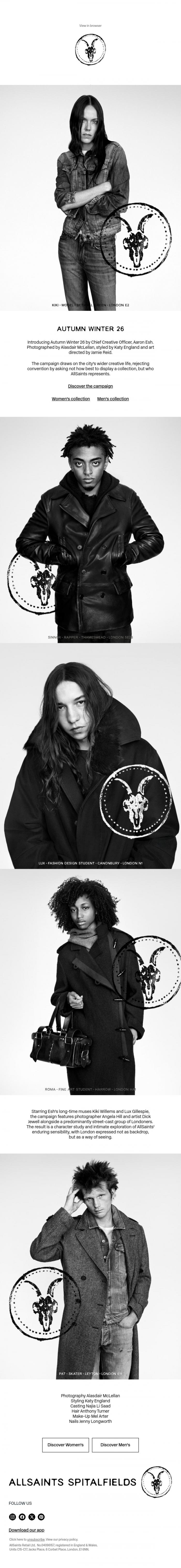 Email Design Inspiration from AllSaints, Introducing Autumn Winter 26