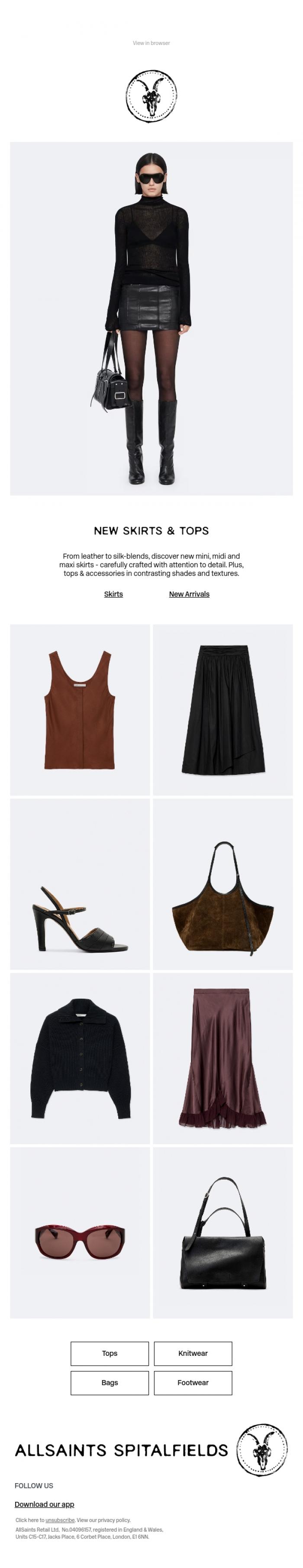 Email Design Inspiration from AllSaints, New Skirts & Tops