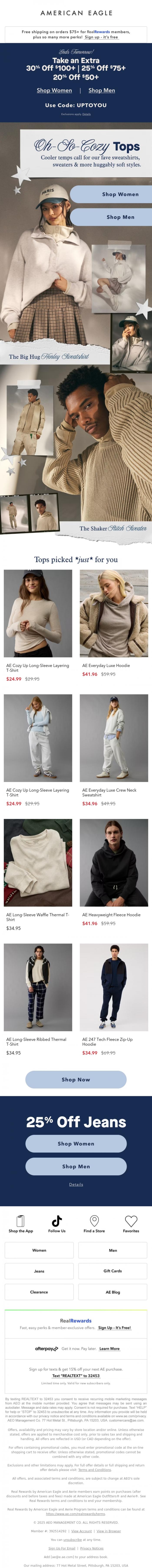 Email Design Inspiration from American Eagle, Take&nbsp;up to&nbsp;an EXTRA 30% OFF (on top&nbsp;of other epic saves)