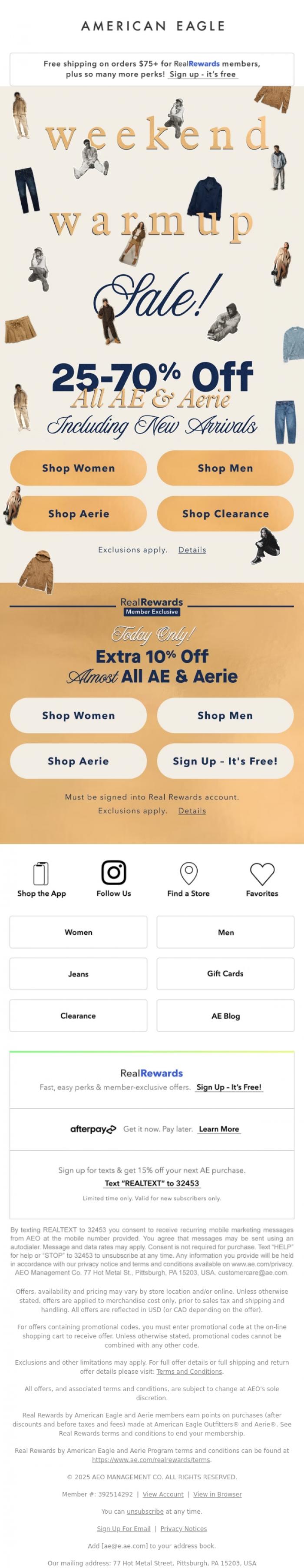 Email Design Inspiration from American Eagle, 25-70% OFF ALL AE & AERIE, including 100s of new arrivals, Friend
