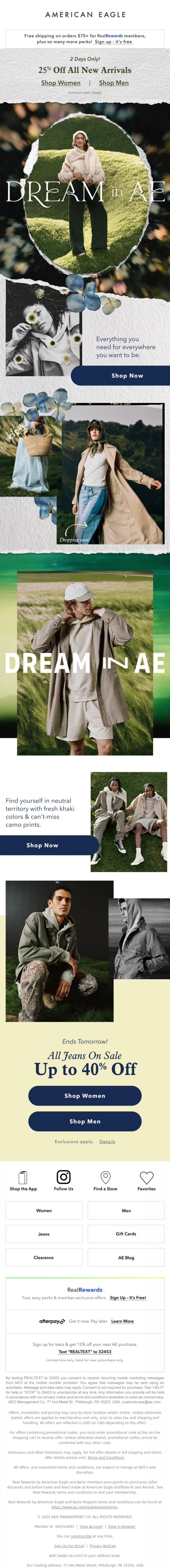 Email Design Inspiration from American Eagle, 25% off all&nbsp;NEW ARRIVALS just landed 🦅❤️