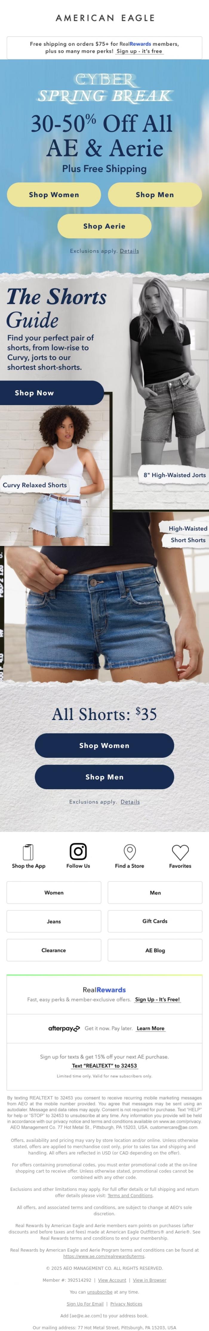 Email Design Inspiration from American Eagle, CYBER SPRING BREAK SALE STARTS NOW 😎🏖️