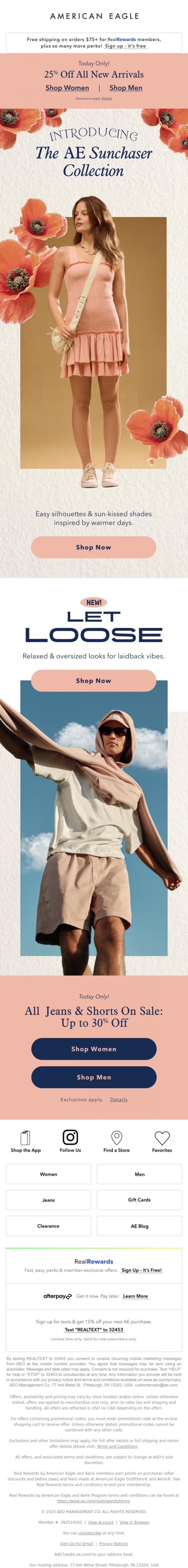 Email Design Inspiration from American Eagle, NEW ARRIVALS JUST&nbsp;DROPPED 🌸