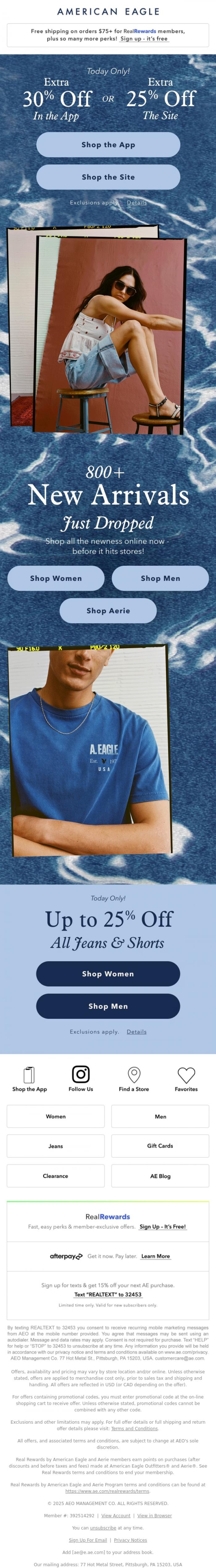 Email Design Inspiration from American Eagle, ✨NEW✨IS✨HERE✨&nbsp;Extra 30% off in the&nbsp;app OR extra 25% off the site