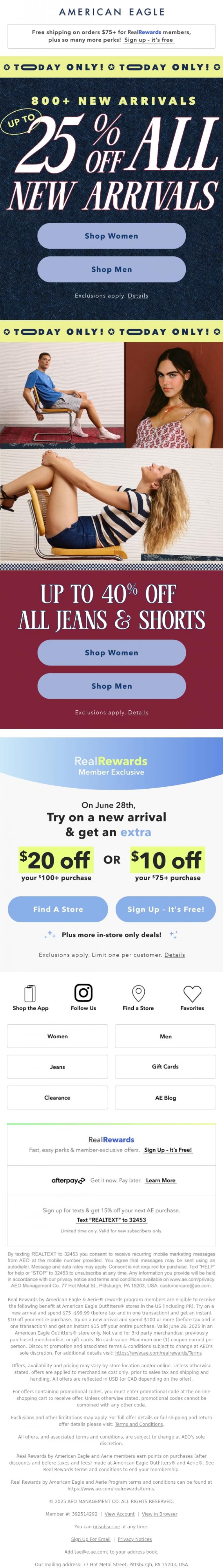 Email Design Inspiration from American Eagle, Up to 25% off all ☀️800+ NEW☀️ arrivals 