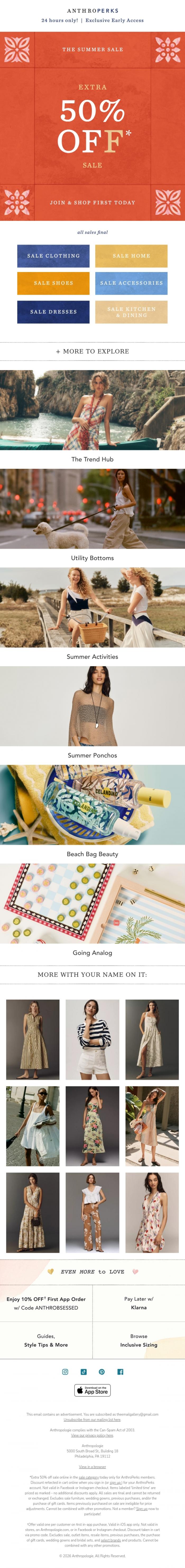 Email Design Inspiration from Anthropologie, Early access to EXTRA 50% OFF sale?
