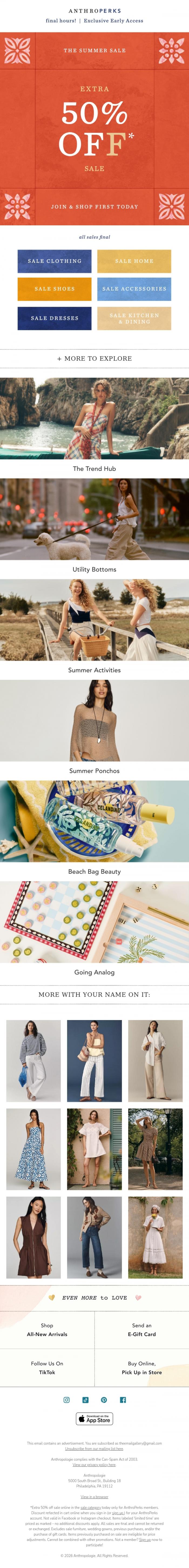 Email Design Inspiration from Anthropologie, Join AnthroPerks for early EXTRA 50% off sale
