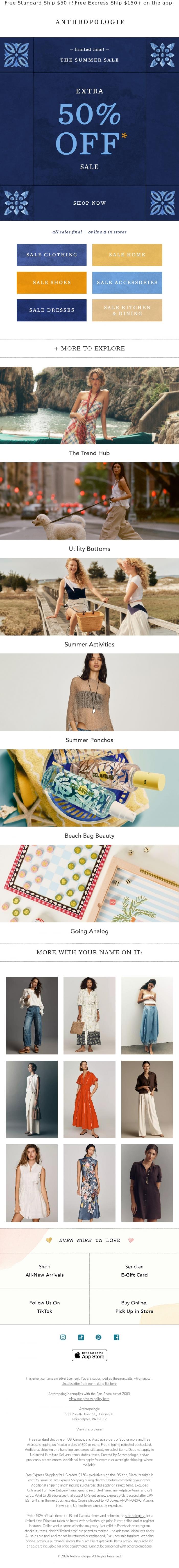 Email Design Inspiration from Anthropologie, The Summer Sale: take an EXTRA 50% off!