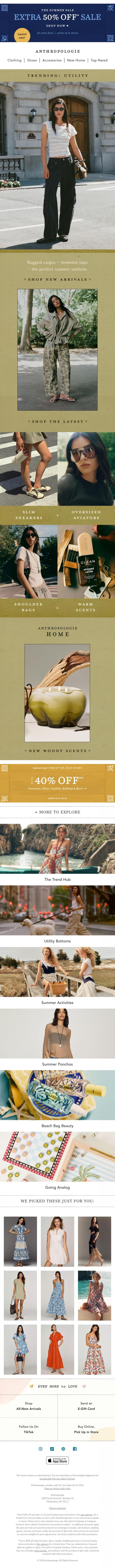 Email Design Inspiration from Anthropologie, Extra 50% off sale | WEEKLY DROP: Utility