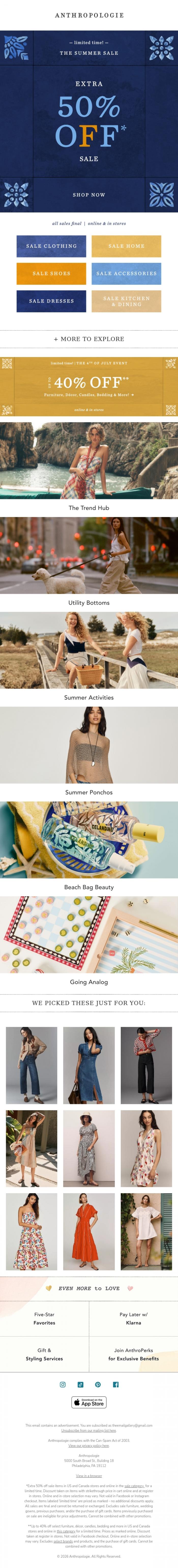 Email Design Inspiration from Anthropologie, Spotlight: an extra 50% OFF sale
