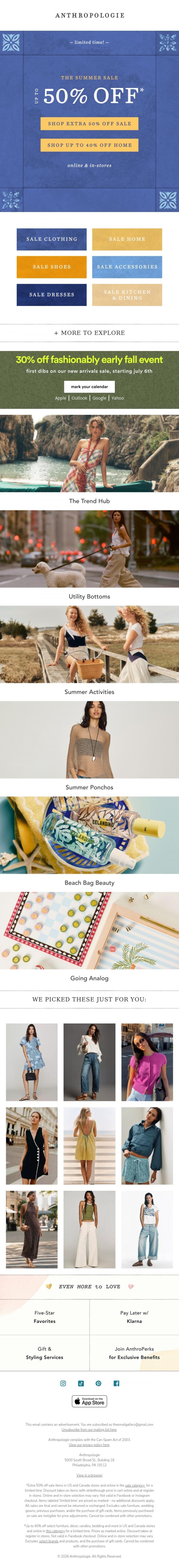 Email Design Inspiration from Anthropologie, Extra 50% off SALE is here!