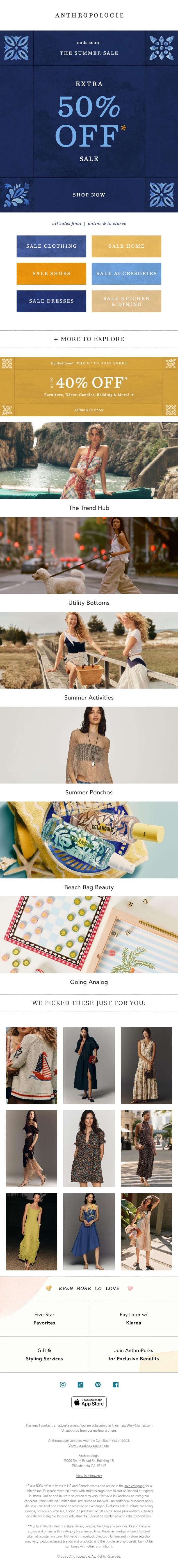 Email Design Inspiration from Anthropologie, Extra 50% off sale is ending soon!