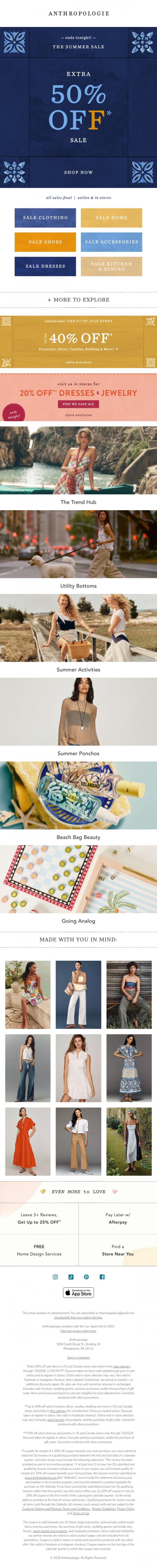 Email Design Inspiration from Anthropologie, Extra 50% off sale ends TONIGHT