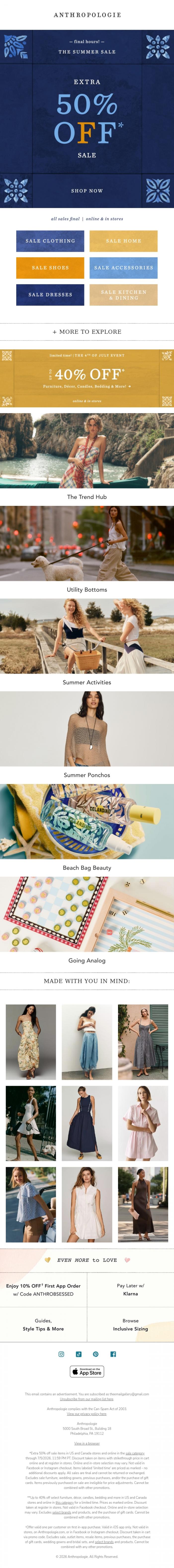 Email Design Inspiration from Anthropologie, FINAL HOURS: Extra 50% Off Sale