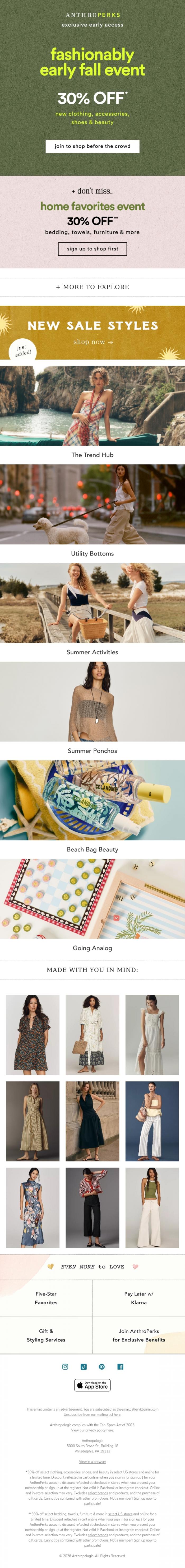 Email Design Inspiration from Anthropologie, Early Access: Fashionably Early Fall Event