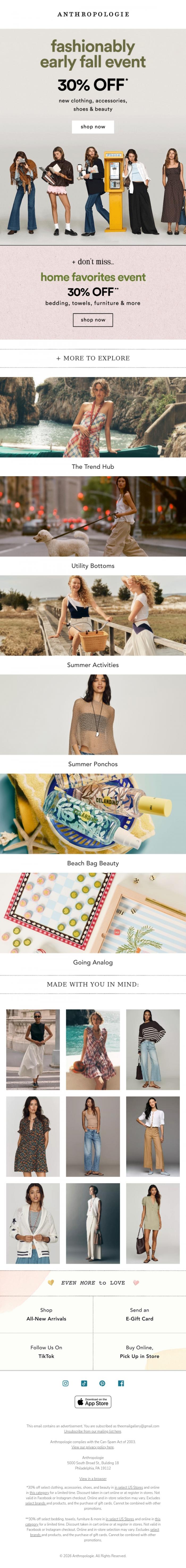 Email Design Inspiration from Anthropologie, 30% off Fashionably Early Fall Event is LIVE