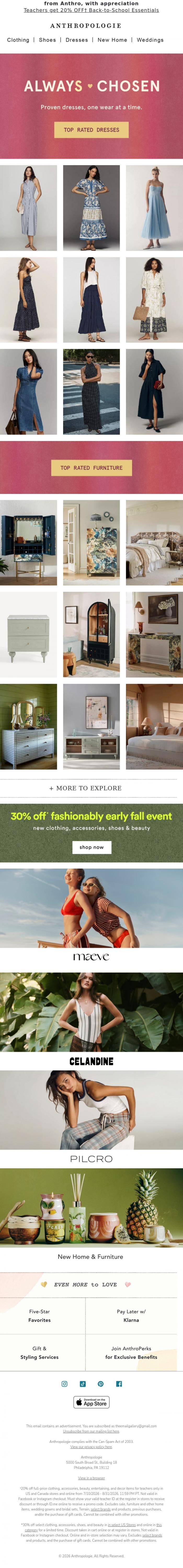 Email Design Inspiration from Anthropologie, 30% OFF NEW ‼️ Shop the Fashionably Early Fall Event