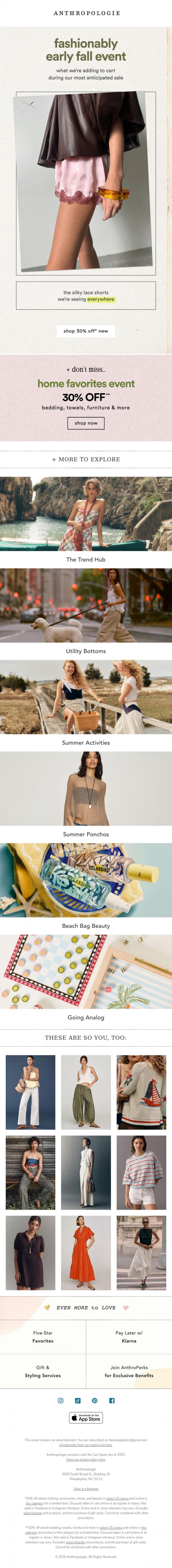 Email Design Inspiration from Anthropologie, Top picks at 30% OFF