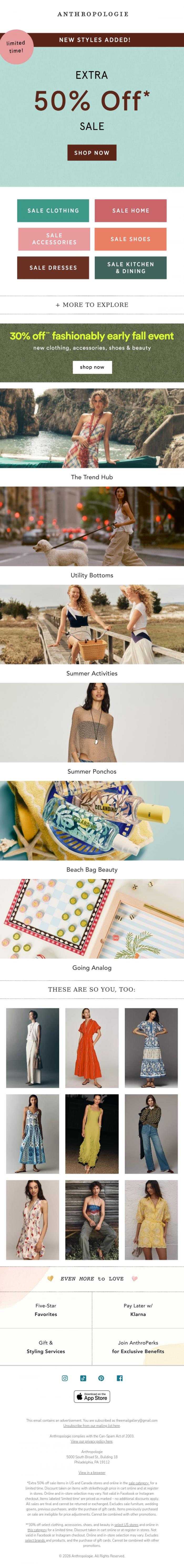 Email Design Inspiration from Anthropologie, Extra 50% off sale + new styles added?