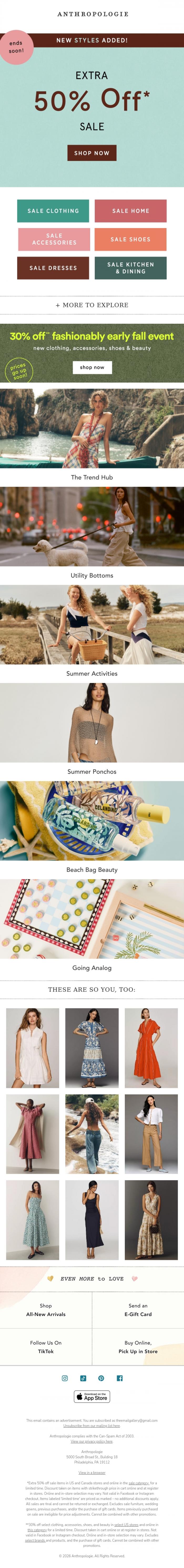 Email Design Inspiration from Anthropologie, Extra 50% off sale ends soon!