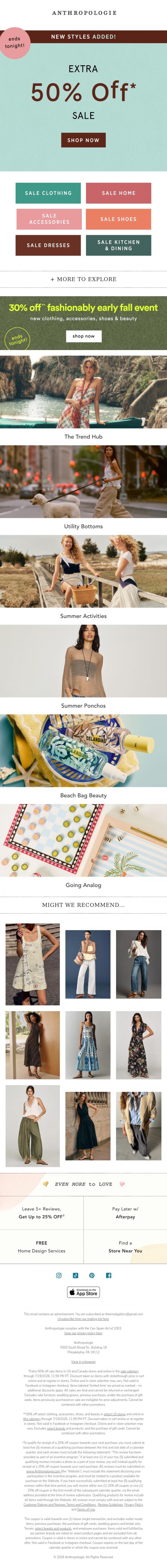 Email Design Inspiration from Anthropologie, Ends TONIGHT: Extra 50% off sale