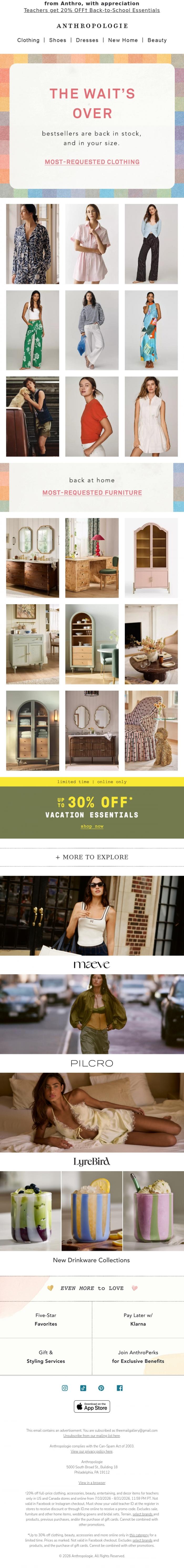 Email Design Inspiration from Anthropologie, Bestsellers are BACK in stock