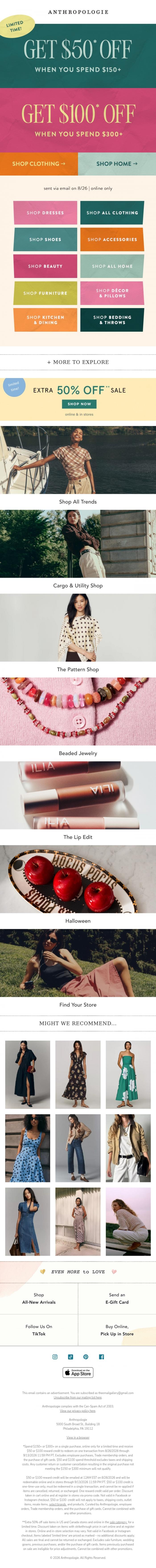 Email Design Inspiration from Anthropologie, Don't wait! Shop now, get up to $100 off later.