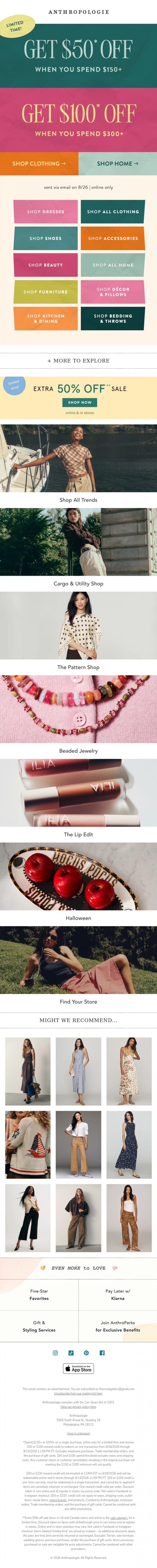 Email Design Inspiration from Anthropologie, Shop now, get up to $100 later for a limited time!