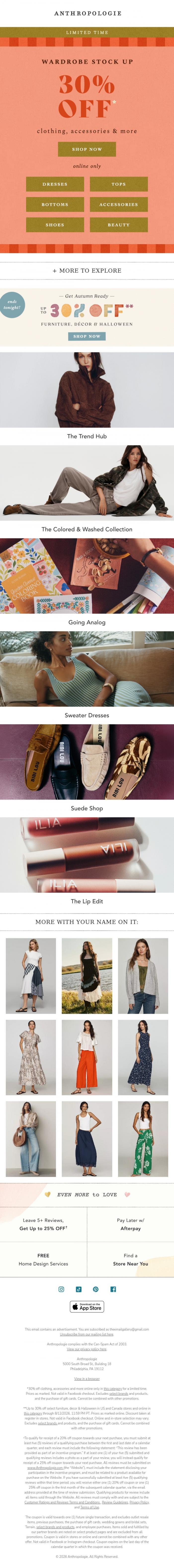 Email Design Inspiration from Anthropologie, 30% OFF clothing, accessories & more