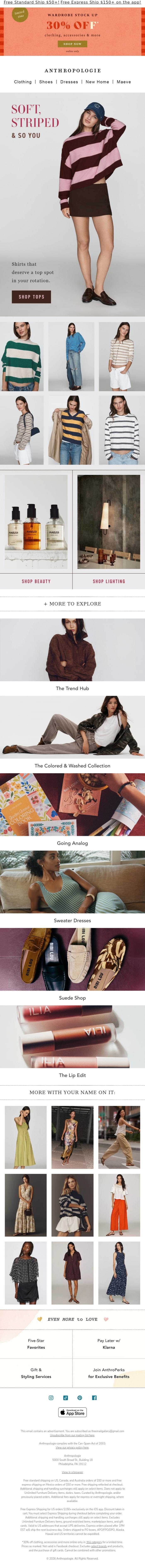 Email Design Inspiration from Anthropologie, 30% off during the Wardrobe Stock Up event