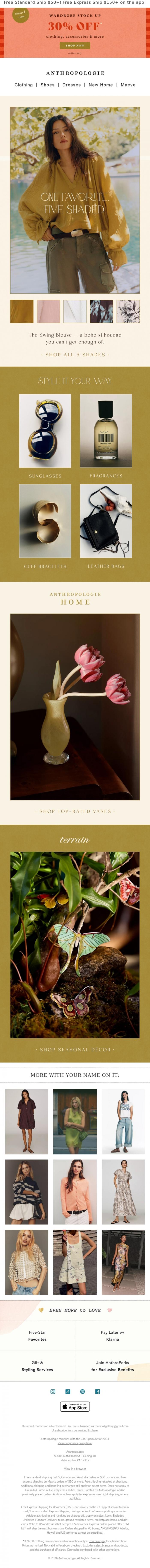 Email Design Inspiration from Anthropologie, 30% OFF tops, accessories & more