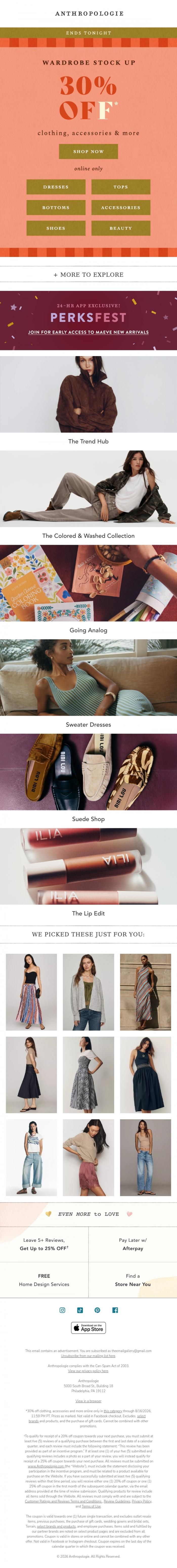 Email Design Inspiration from Anthropologie, 30% Off ends TONIGHT