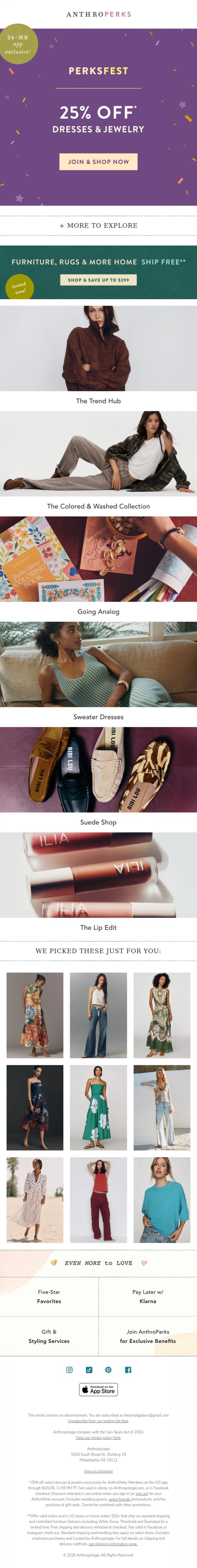 Email Design Inspiration from Anthropologie, Dresses & jewelry at 25% OFF