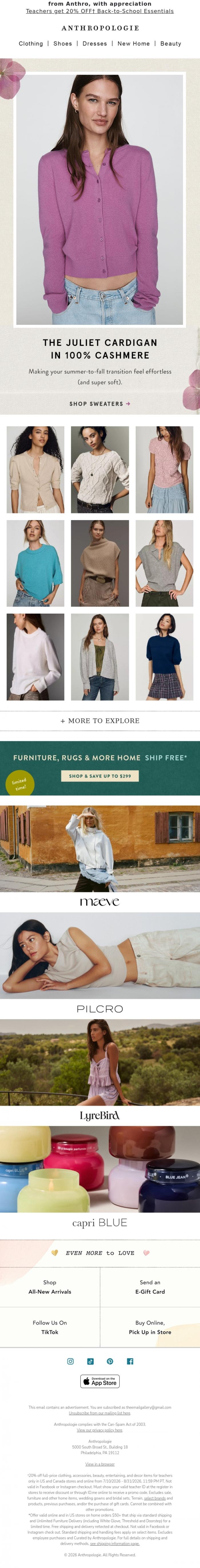 Email Design Inspiration from Anthropologie, The Juliet Cardigan. Take on fall in cashmere.