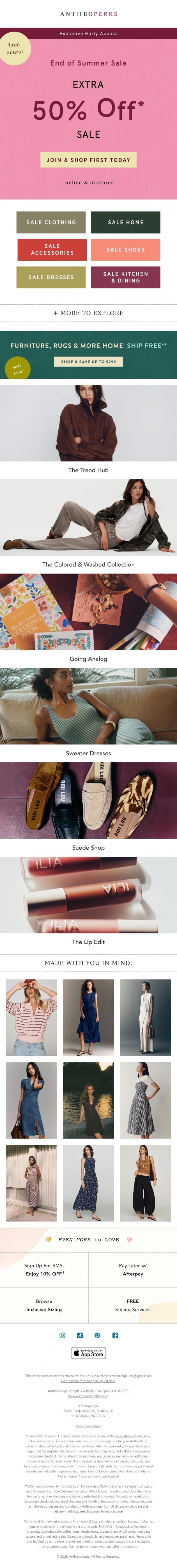 Email Design Inspiration from Anthropologie, Don't miss first dibs on extra 50% off sale
