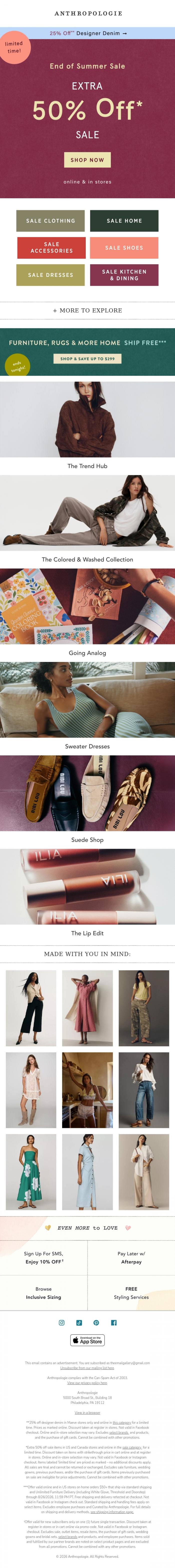 Email Design Inspiration from Anthropologie, Starts Now: Extra 50% Off Sale