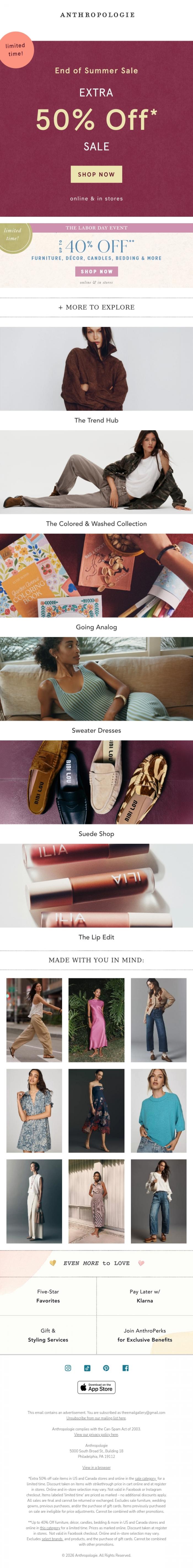 Email Design Inspiration from Anthropologie, Don't miss an EXTRA 50% off sale!