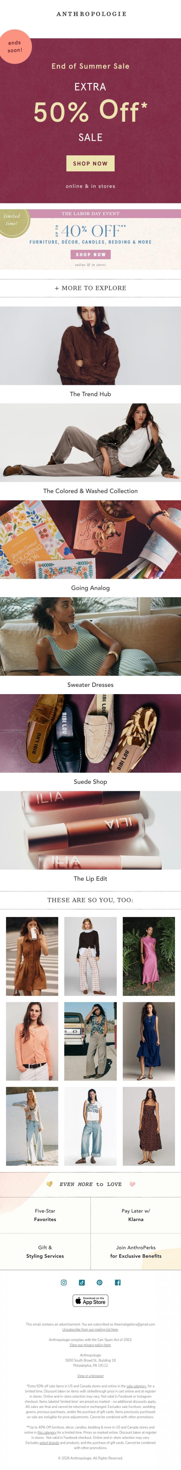 Email Design Inspiration from Anthropologie, Extra 50% OFF sale is almost gone...