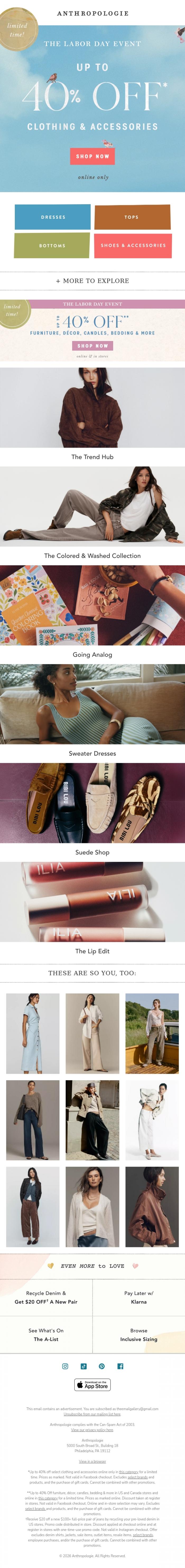 Email Design Inspiration from Anthropologie, Up to 40% OFF clothing & accessories