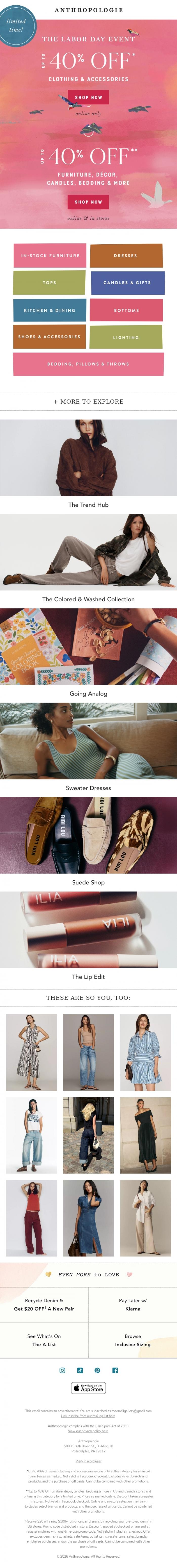 Email Design Inspiration from Anthropologie, Up to 40% OFF clothing, furniture & more