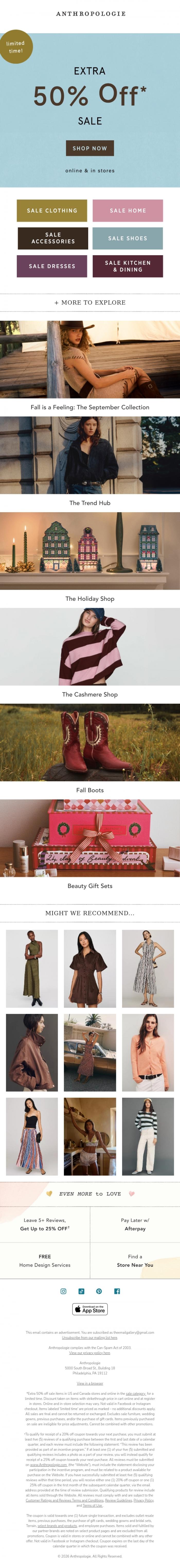 Email Design Inspiration from Anthropologie, Launching Extra 50% OFF Sale