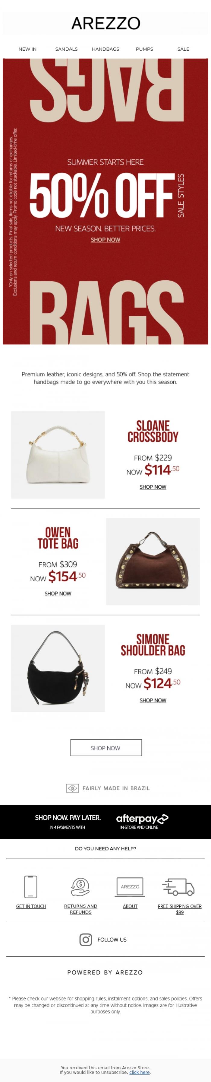 Email Design Inspiration from Arezzo Store, 50% OFF handbags to wear on repeat