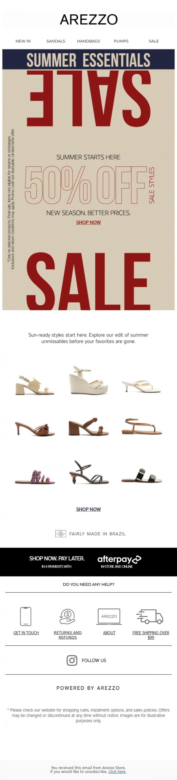 Email Design Inspiration from Arezzo Store, 50% OFF: Get summer-ready