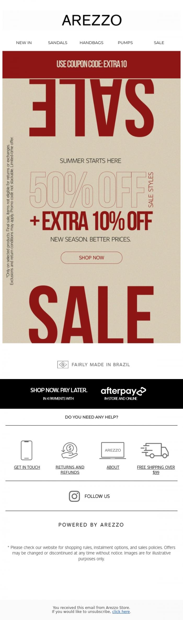 Email Design Inspiration from Arezzo Store, 50% OFF wasn't enough? Extra 10% OFF