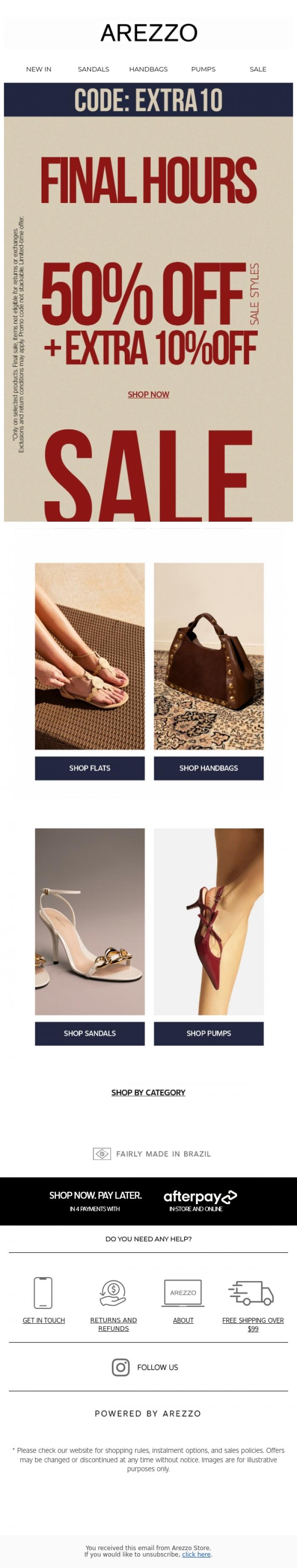 Email Design Inspiration from Arezzo Store, Last call for all your extra savings