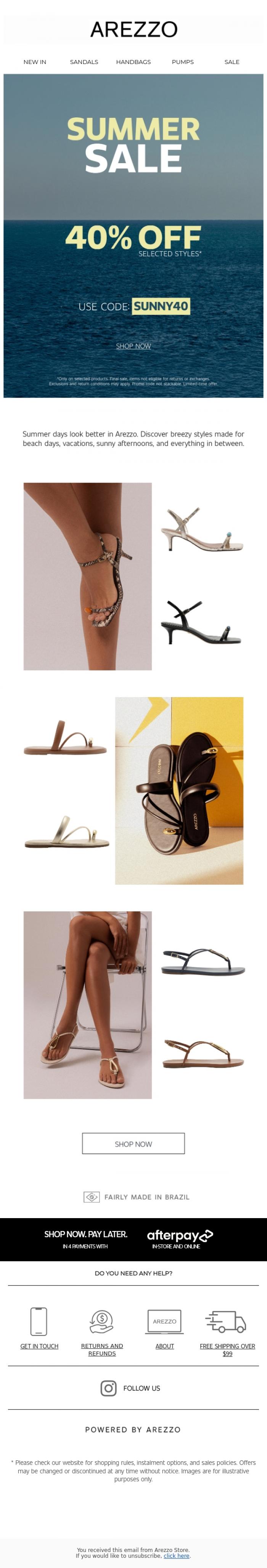 Email Design Inspiration from Arezzo Store, 40% OFF summer must-haves