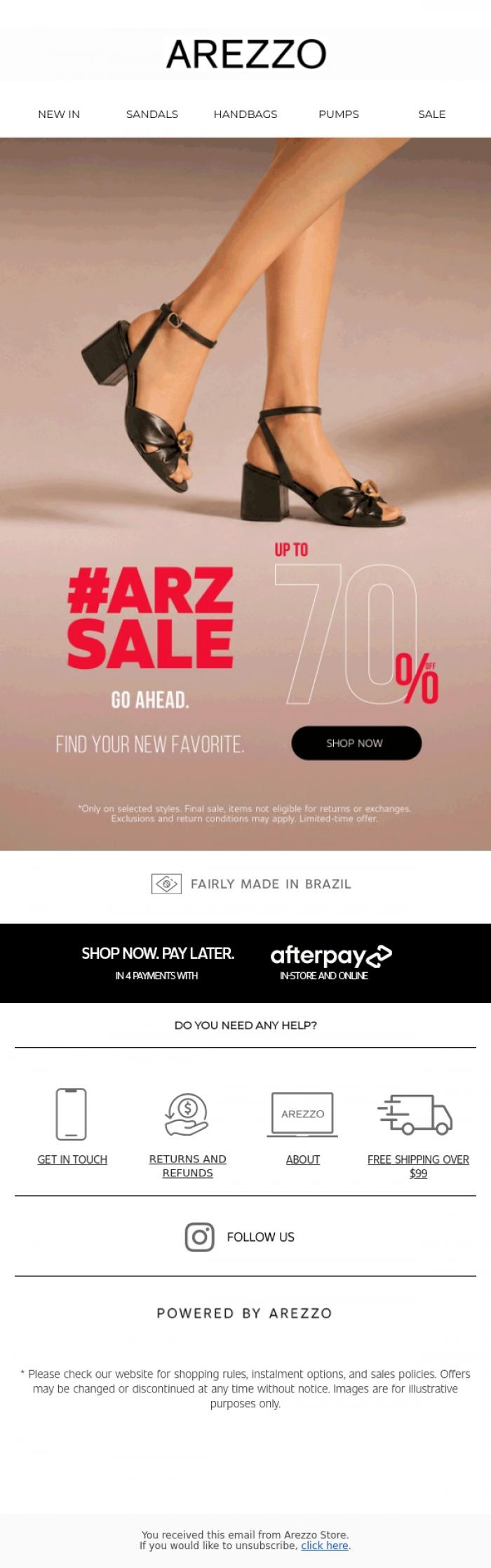 Email Design Inspiration from Arezzo Store, Up to 70% OFF starts now